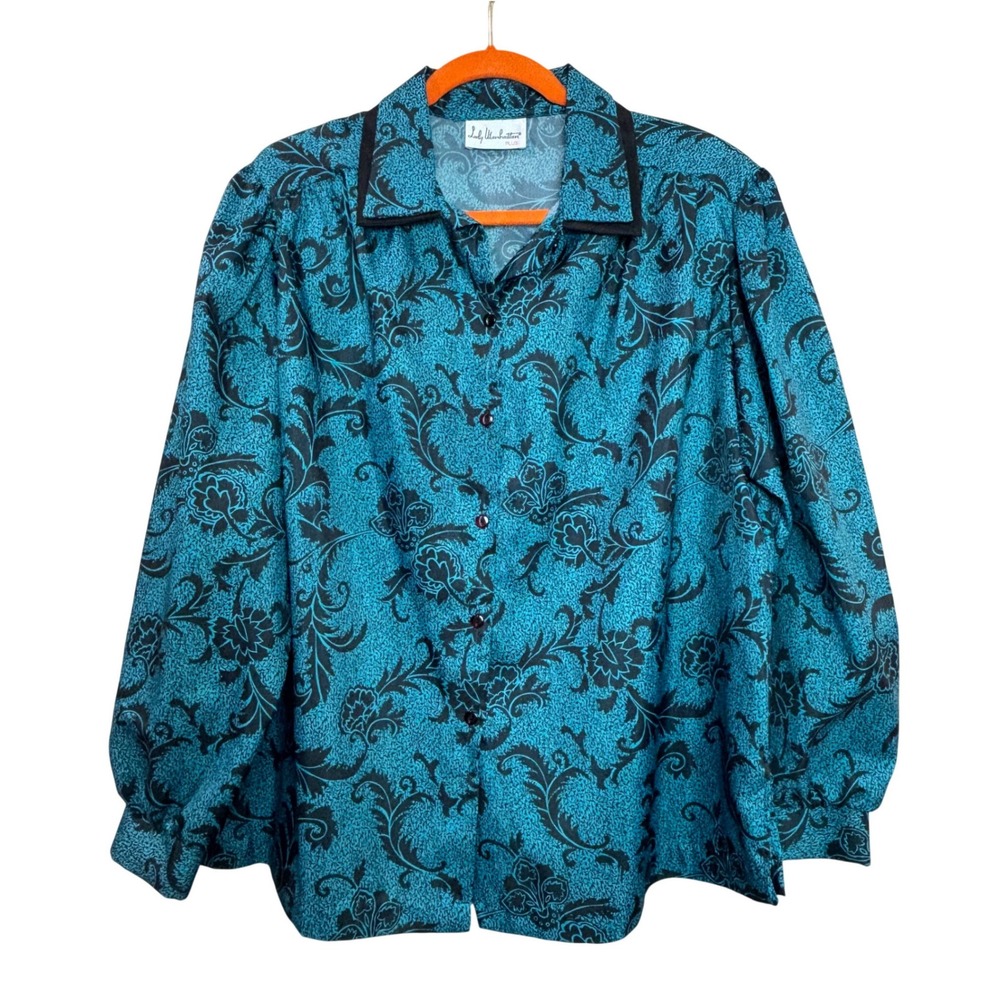 Lady Manhattan Blouse Womens 1X Teal Black Damask Floral Button Top Baroque Chic
